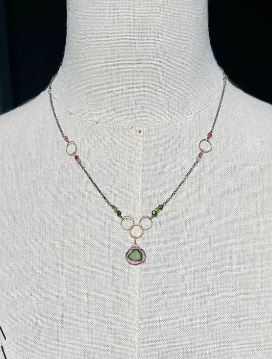 Incredible Watermelon Tourmaline and Mixed Metal Necklace