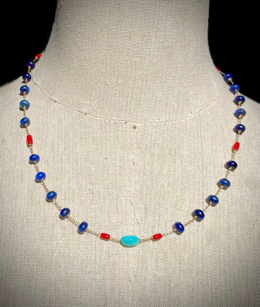 Lapis Lazuli, Adriatic Coral, and Sleeping Beauty Turuoise Necklace