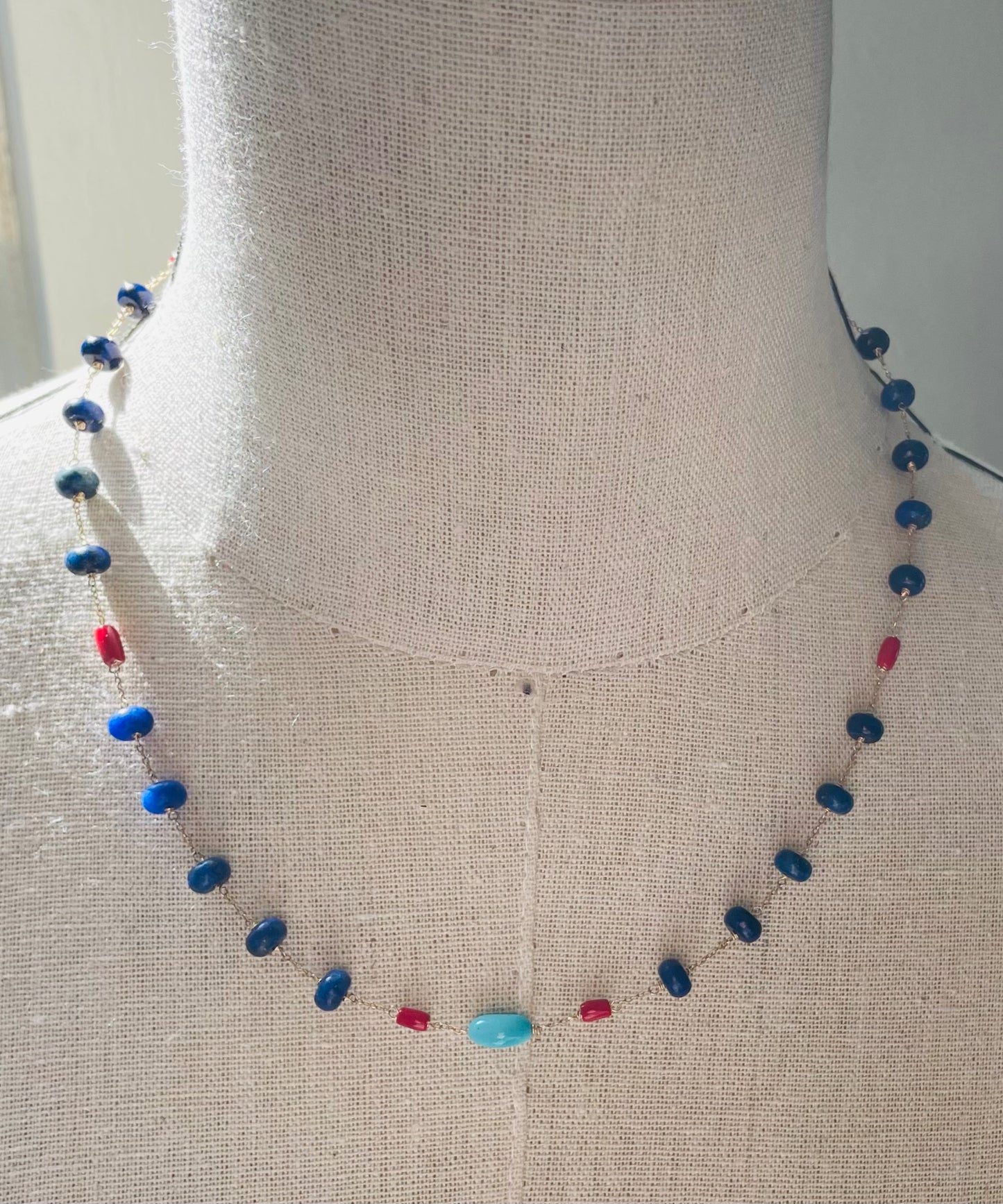 Lapis Lazuli, Adriatic Coral, and Sleeping Beauty Turuoise Necklace