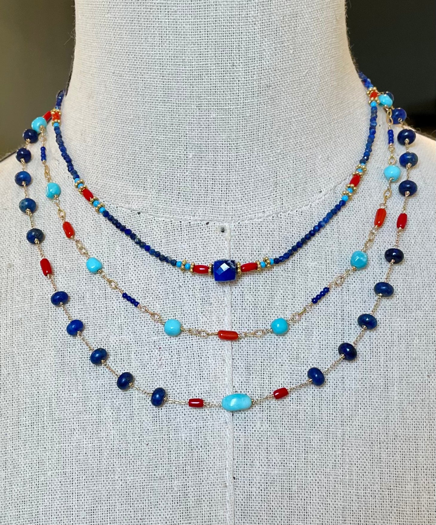 Lapis Lazuli, Adriatic Coral, and Sleeping Beauty Turuoise Necklace